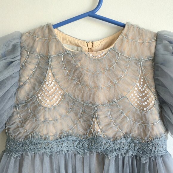 Trish Scully Child Dusty Blue Sequin Tulle Dress With Puff Sleeves | Size 5 - Picture 3 of 9